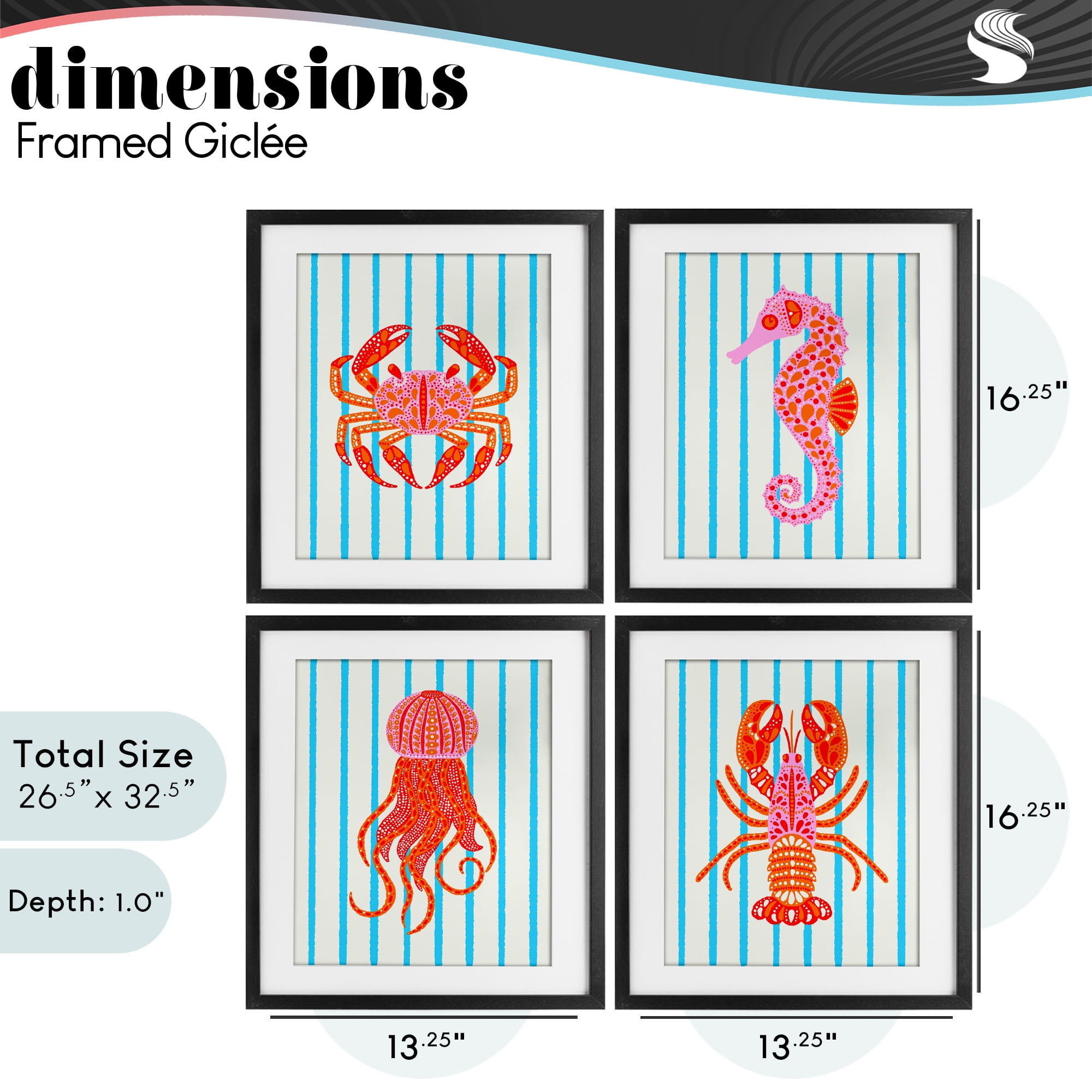 Stupell Industries Bright Sea Creatures on Stripes 4 Piece Black Framed Print Under Glass Set, design by Indira Prieto | IndySign
