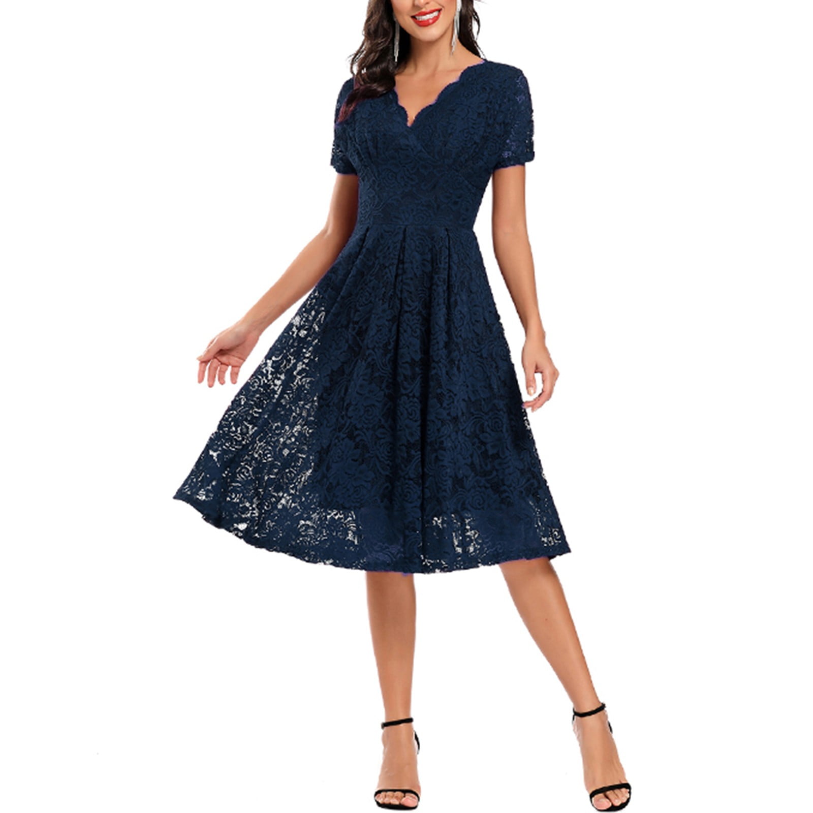 Women Lace V Neck Plus Size Cocktail Dress Navy Blue Wedding Guest  Semi-Formal Evening Party Casual Knee Length Dresses