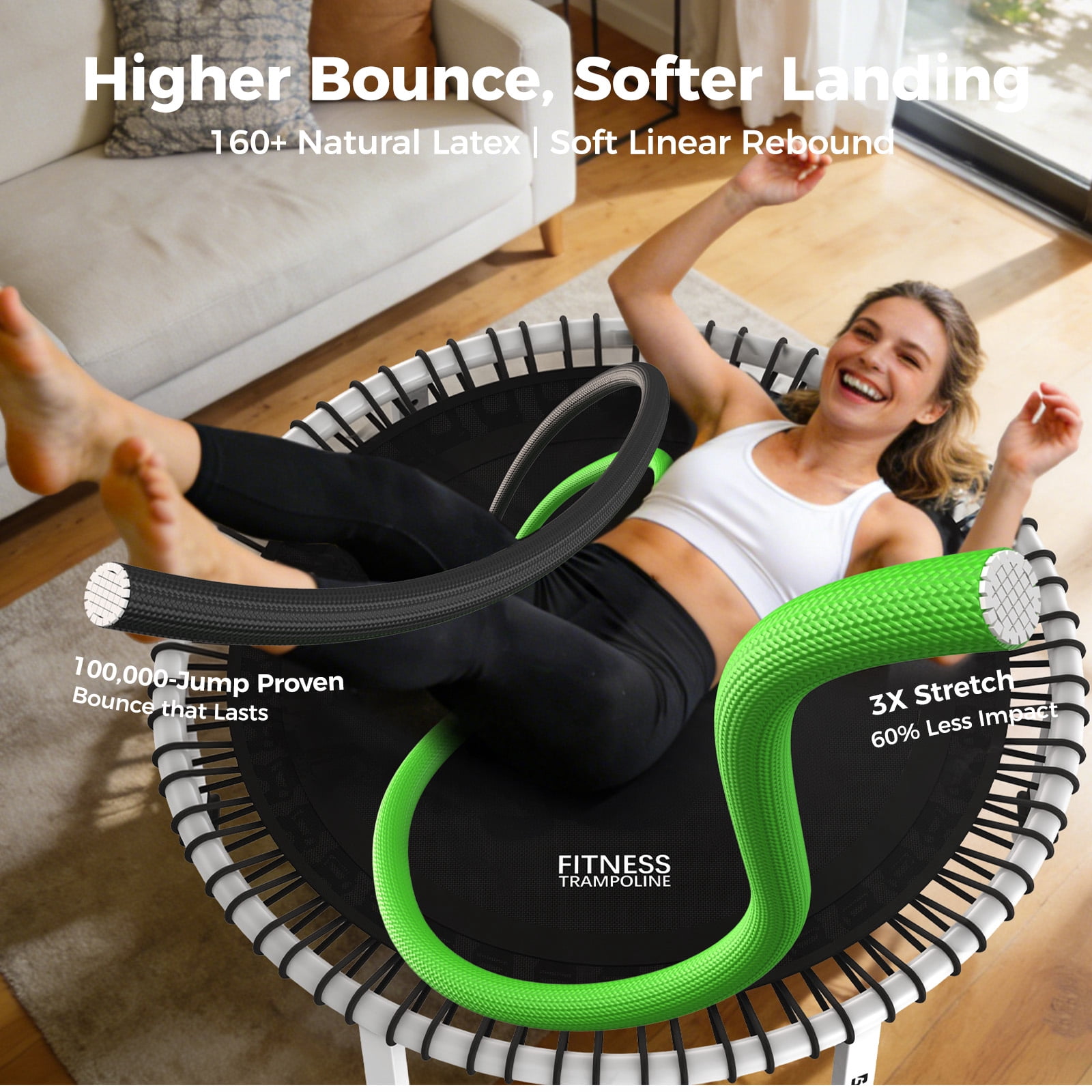 BCAN BT4 40" Soft Land Pro Adult Bungee Rebounder Trampoline, 500lb Capacity, Adjustable Tension Bungees, Exercise Trampoline for Adults, Phone Holder & 2 Pairs Socks| FED Fitness
