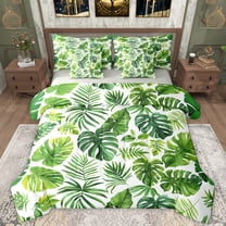 Manfei Plam Mostera Pattern 7-Piece Twin Bedding Sets,Tropical Botanical Plant Bedding Comforter Set,Green Beige Sheet Sets For Kids,Microfiber Bedroom Decor Reversible