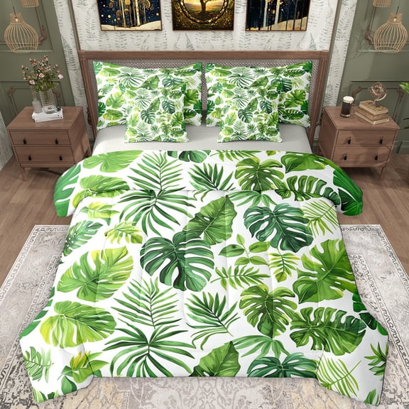 Manfei Plam Mostera Pattern 7-Piece Twin Bedding Sets,Tropical Botanical Plant Bedding Comforter Set,Green Beige Sheet Sets For Kids,Microfiber Bedroom Decor Reversible
