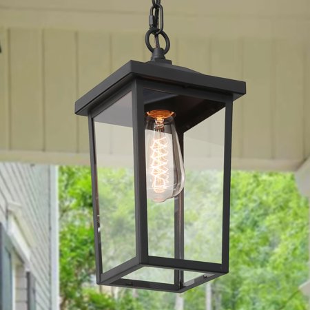LaLuz Bern Modern 1-Light Black Outdoor Ceiling Lights Lantern Porch Pendant Light - L 6.3 x W 6.3 x H 13