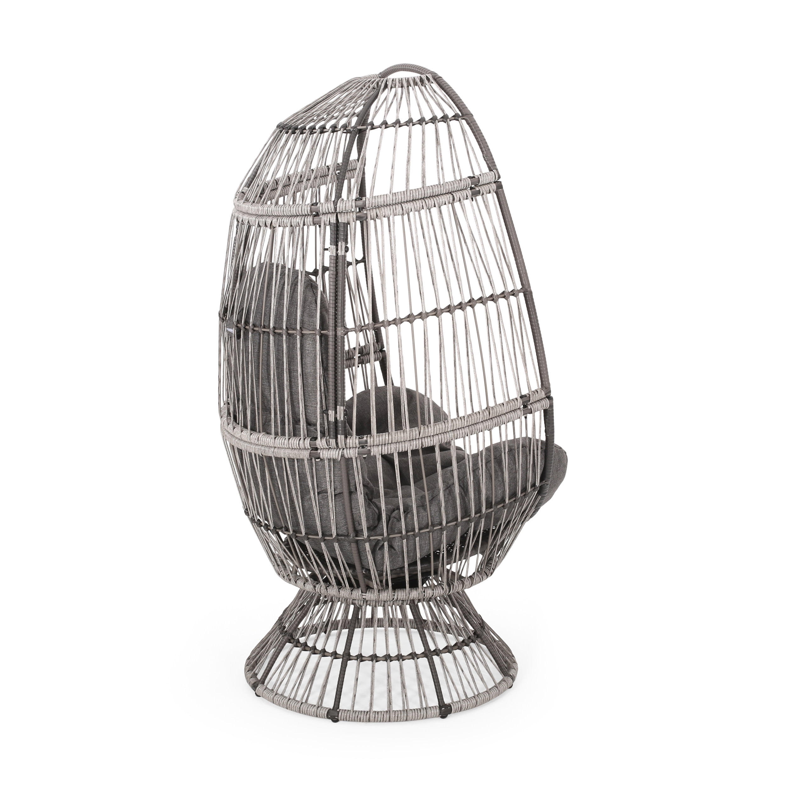 Outdoor Rotatable Egg Shaped Leisure Chair, Wicker Weave Swivel Single Seat for Patio Garden, Gray and Dark Gray