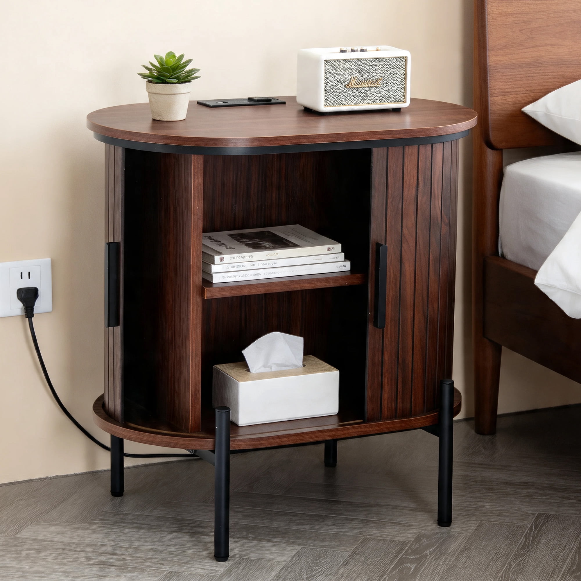 Ebello Nightstand with Built-in Charging Station, Modern Oval End Table with Storage, Sliding Door & Raised Base for Bedroom and Entryway, Walnut