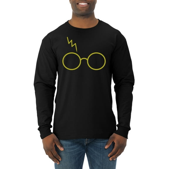Wild Bobby, Gold Wizard Glasses and Lightning Scar, Pop Culture, Men Long Sleeve Shirt, Black, Small