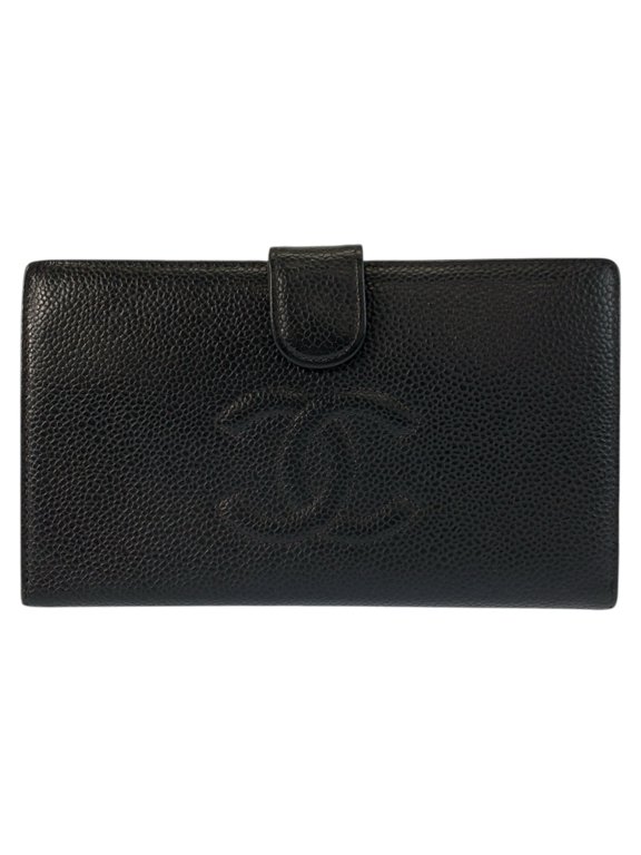 Pre-Owned CHANEL Coco Mark Black Leather Long Wallet for Women