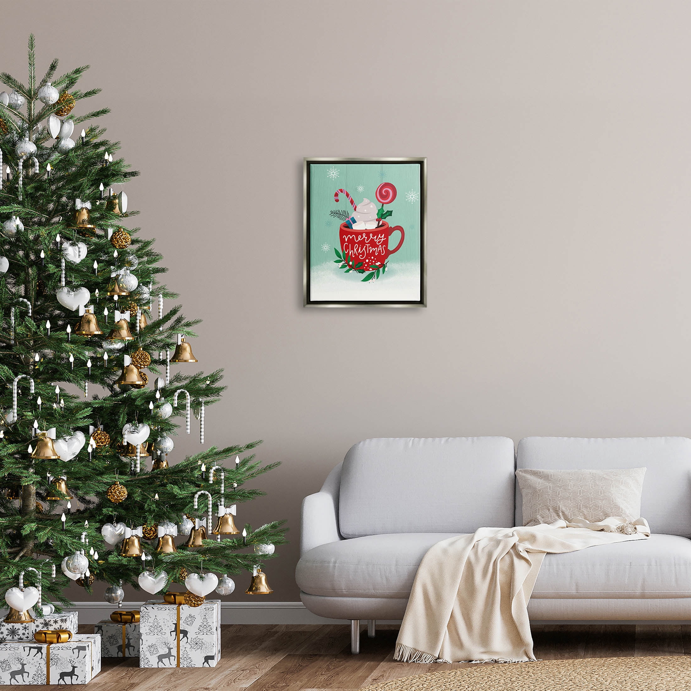 Merry Christmas Warm Cocoa Holiday Graphic Art Luster Gray Framed Art Print Wall Art