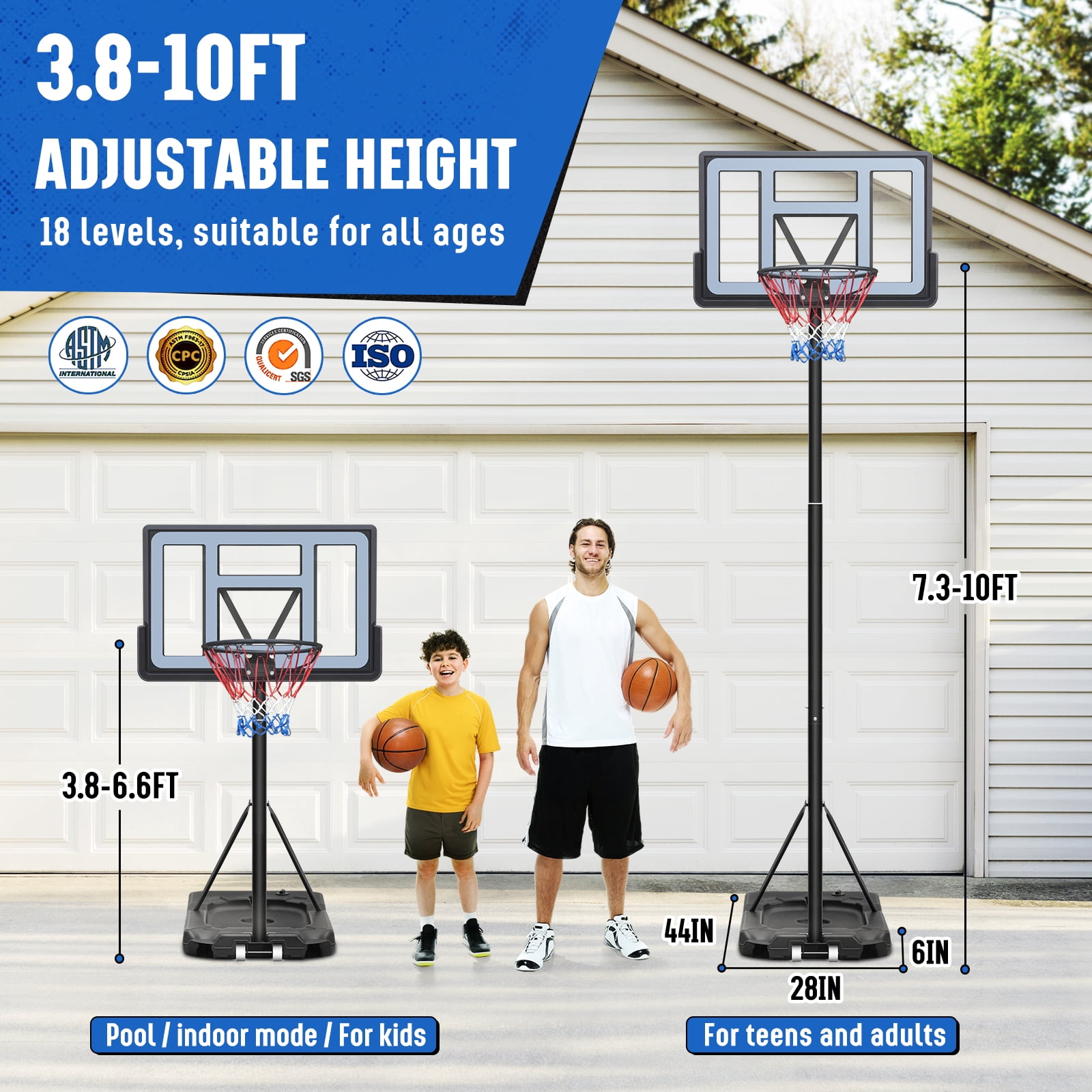 SERAY Basketball Hoop with 44 inch Backboard and 2 Wheels, Basketball Hoop Outdoor 3.8-10 feet Adjustable Height for Kids/Adults Outdoor/Indoor Sports