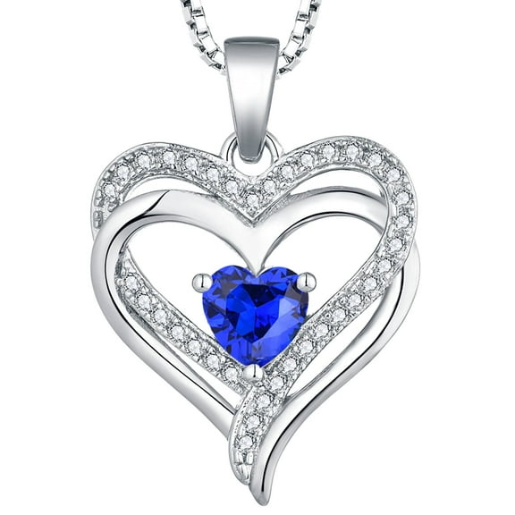 VESITIM Heart Necklace for Women Sterling Silver Filigree Love Heart Pendant Plated 18k White Gold Created Sapphire Birthstone Jewelry Gift