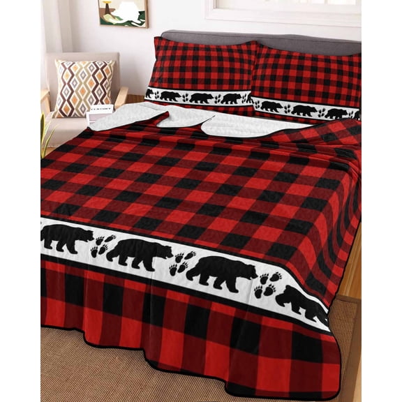 Red Black Plaid Twin Size Down Alternative Comforter, Lightweight Comforter Quilt Bedding Set with Pillow Shams Country Vintage Bear Buffalo Gingham All Seasons Bed Comforter Duvet Insert 68"x86"