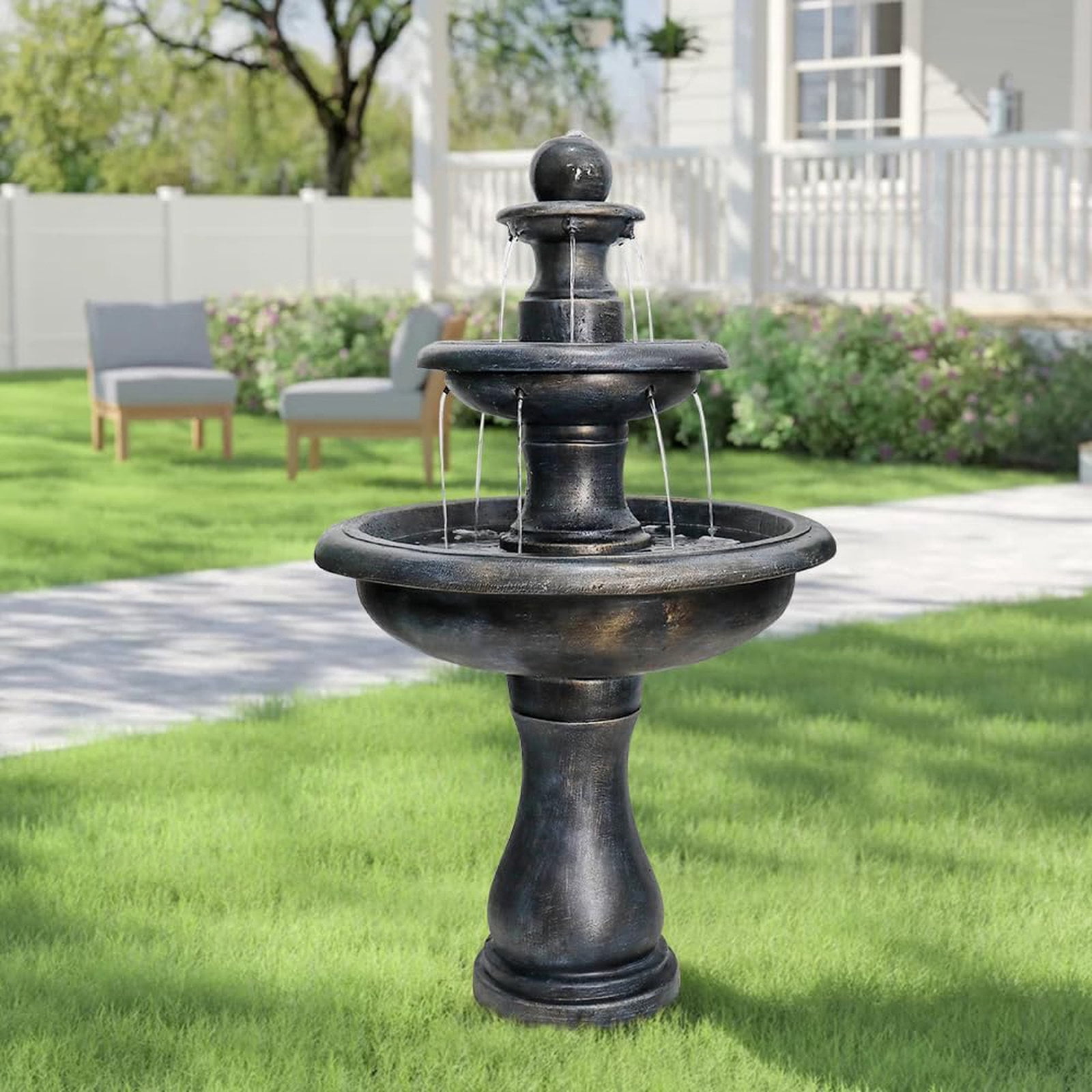 Hamiedun 3-tiers Outdoor Water Fountain Garden Patio Decor Bird Bath Waterfall With Water Pump