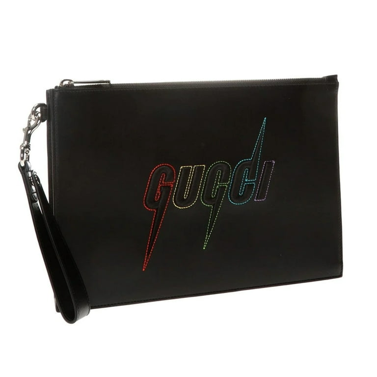 New Gucci Blade Embroidered Black Leather Pouch Wristlet Bag 597678 