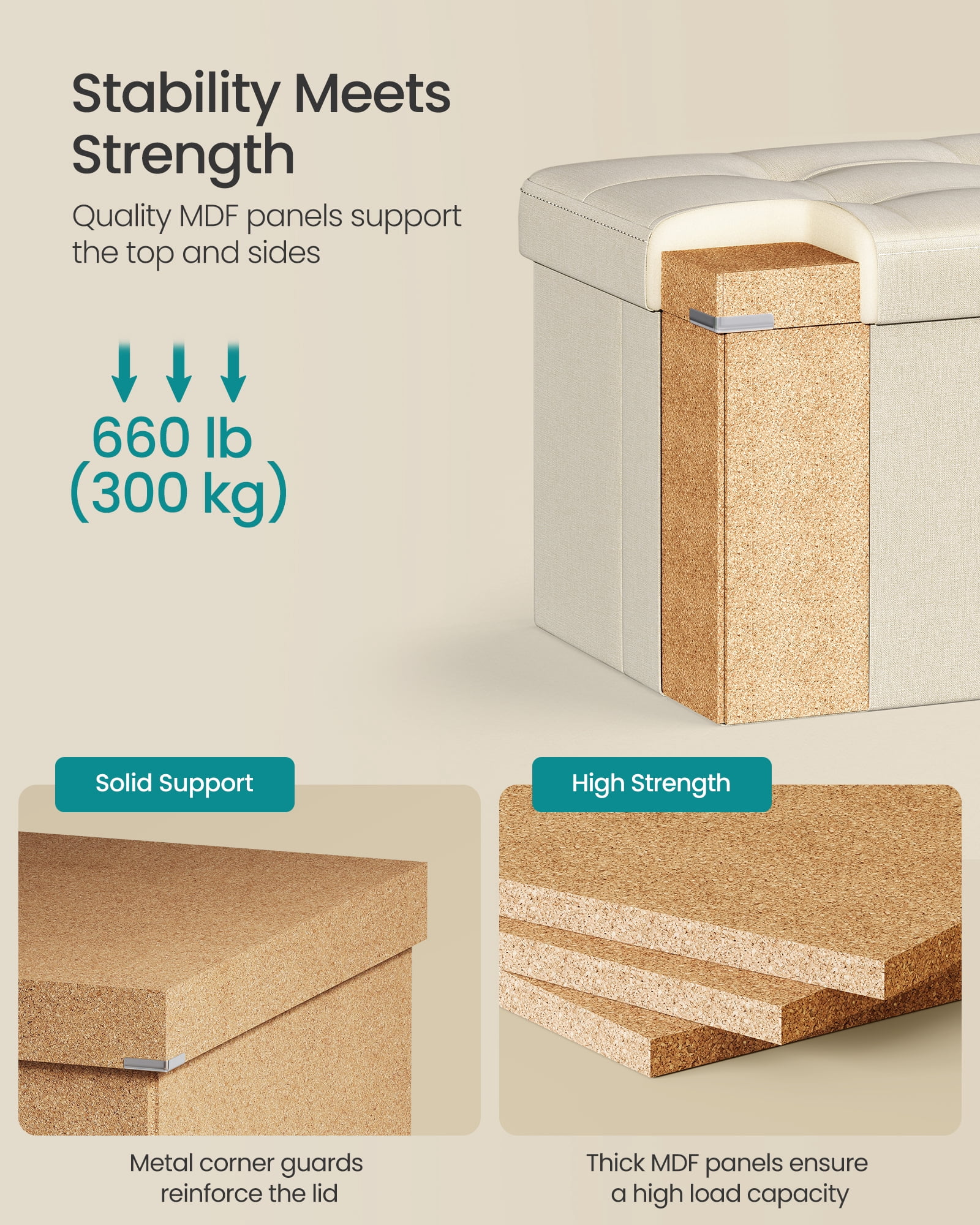 SONGMICS Storage Ottoman Bench, 15 x 43 x 15 Inches, Ottoman with Storage, End of Bed Bench, for Living Room, Bedroom, Cream White