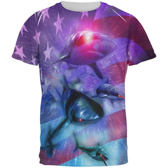 July 4th Patriotic American Galaxy Laser Sharks All Over Mens T Shirt Multi X-LG