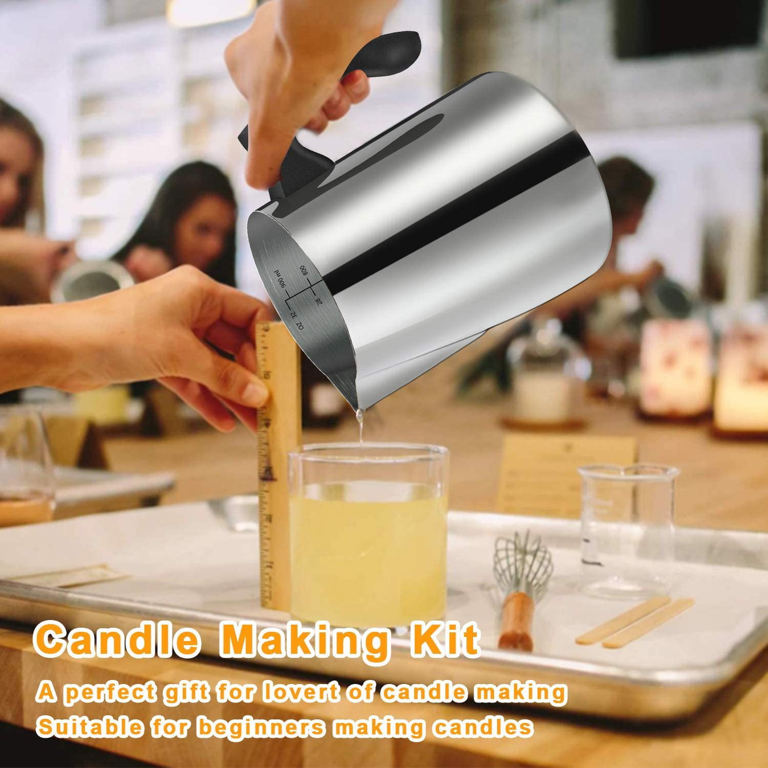Candle Making Pouring Pot, Stainless Steel Wax Melting Pot 32oz with Heat-Resistant Handle and Drip-less Pouring Spout, Candle Making Pitcher with Stirring Spoon