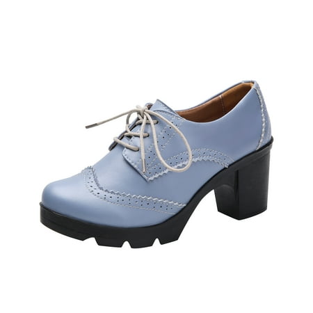 

Lovskoo 2024 Women s Oversized Leather Classic Lace Up Platform Chunky Round Toe Mid-Heel Comfortable Round Toe Dress Pump Shoes Blue
