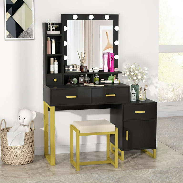 PAKASEPT Vanity Set with Lighted Mirror, Makeup Vanity Dressing Table with  9 LED Light, 4 Drawers, Storage Shelves and Cushioned Stool, Small Vanity