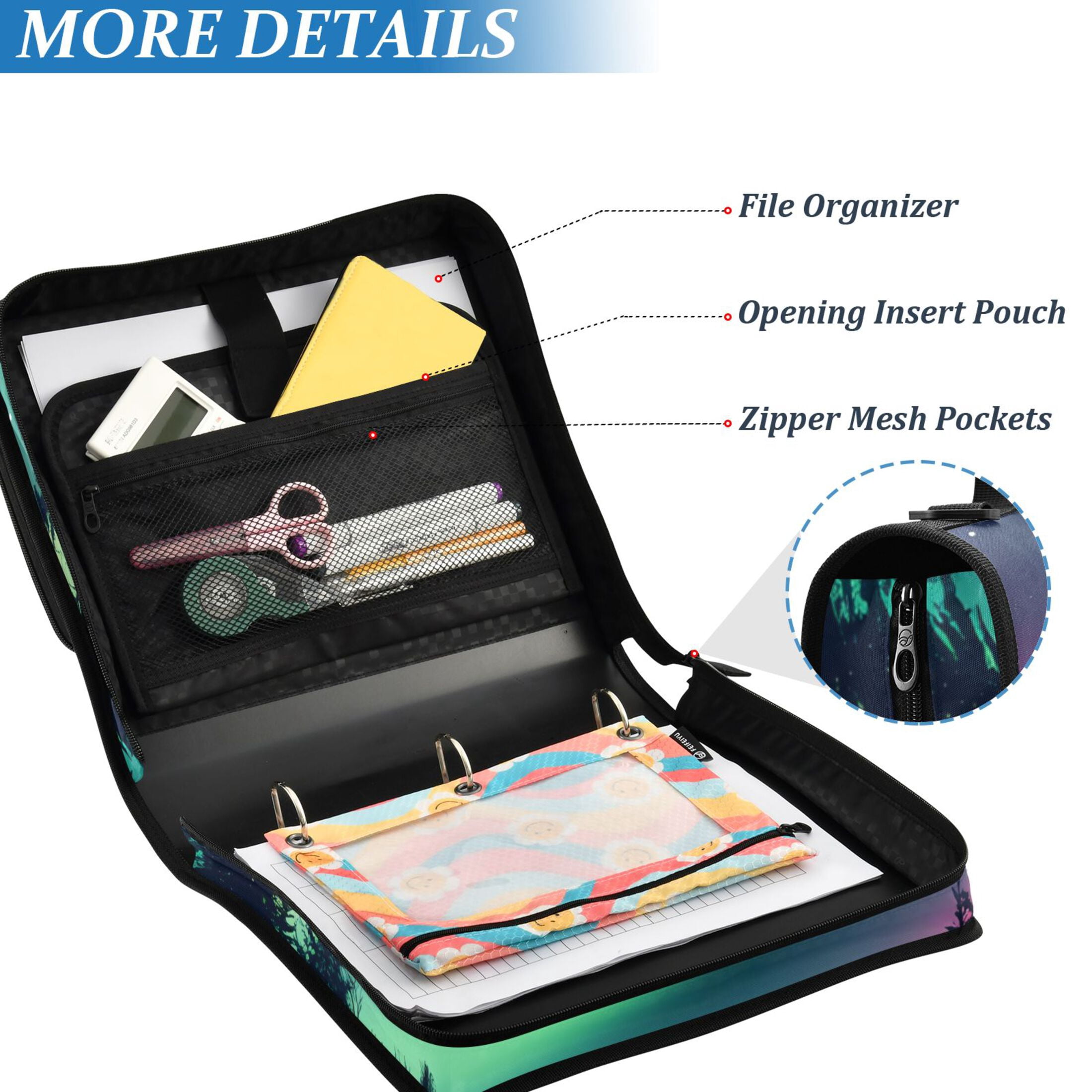 3 Ring Zipper Binder with Shoulder Strap Waterproof Trapper Keeper 2 Inch D-Ring 500 Sheets Capacity Snow Aurora