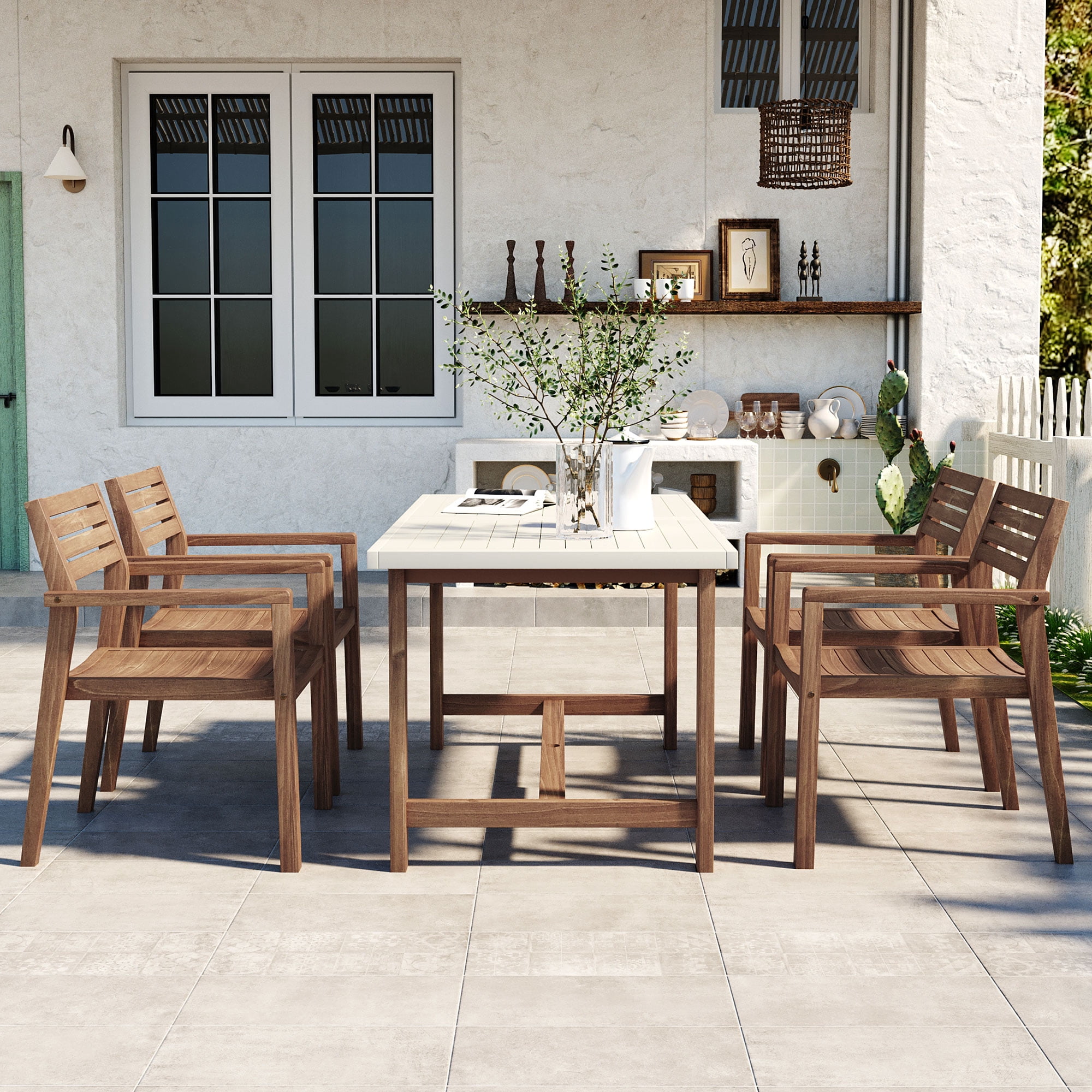 Mintazer 59" 5-Piece Outdoor Dining Set with Chairs & Umbrella Hole, Patio Furniture Set for Garden Backyard Poolside, Brown & Beige