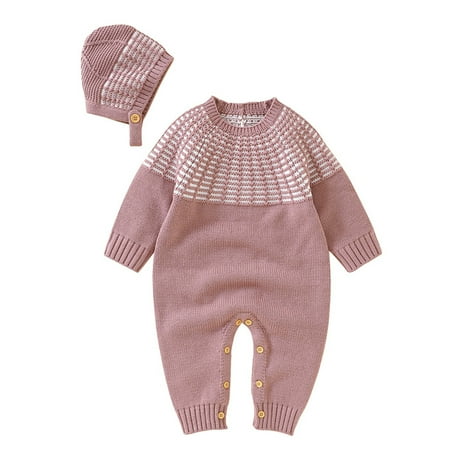 

JAHH 2PC Breathable Sweater Button Up for Children Boy Girl Patchwork Knitted Sweaters Baby Jumpsuit Romper Cotton Caps Hat Outfits Sets Clothes for Long Sleeve Round Neck Cute Fashion Pullover