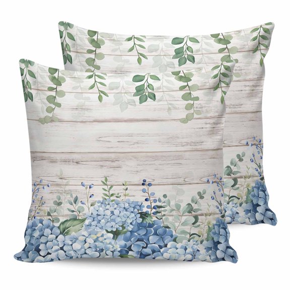 Outdoor Pillow Covers Pack of 2, Blue Hydrangeas Green Leaves on Wood Grain Waterproof Throw Pillowcase Cushion Cases, Summer Flower Decorative Pillow Cover for Couch Sofa Home Bed Patio