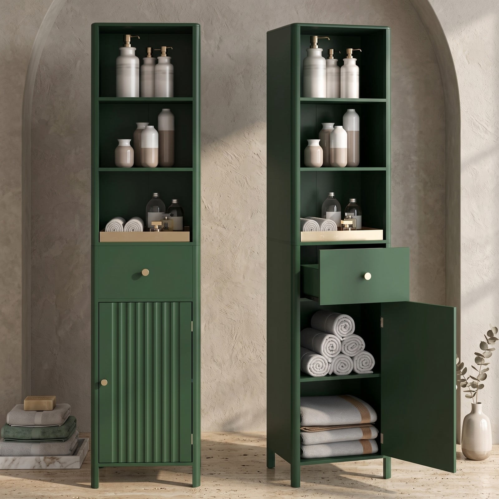 ALPULON 67 Inch Tall Narrow Bathroom Floor Cabinet Freestanding Storage Cabinet with Fluted Door, 3 Open Shelves, Adjustable Shelf and Pull-Out Drawer, Beige and Green
