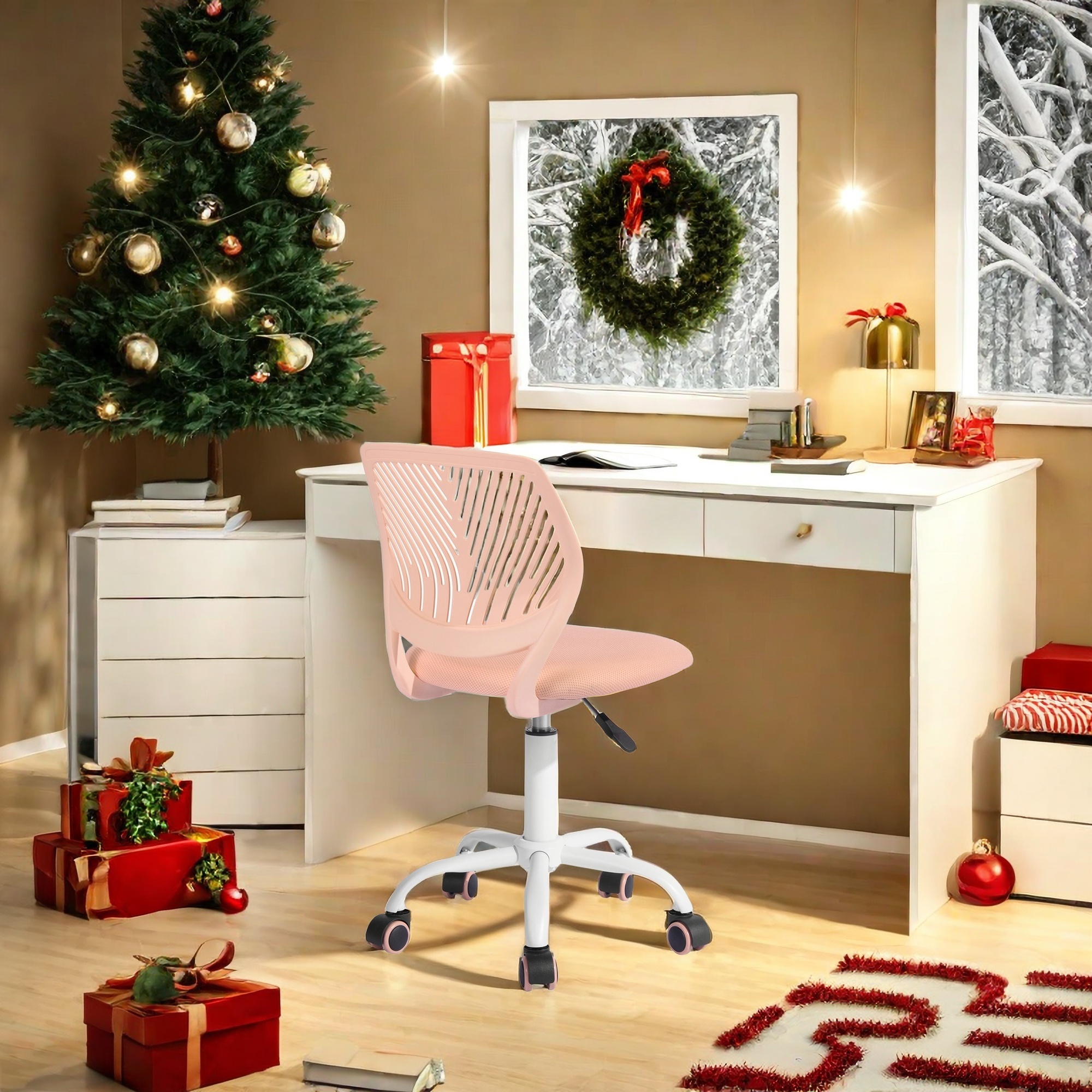 Ergonomic Home Office Desk Chair with Adjustable Height, Rolling Base, and Breathable Backrest, Rose