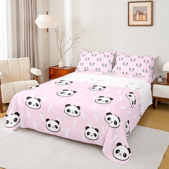 jejeloiu Cartoon Panda Animal Twin Sheet Sets,Wildlife Twin Fitted Sheet,Pink White Black Flat Sheet For Girls,Breathable Home Decor,3-Piece