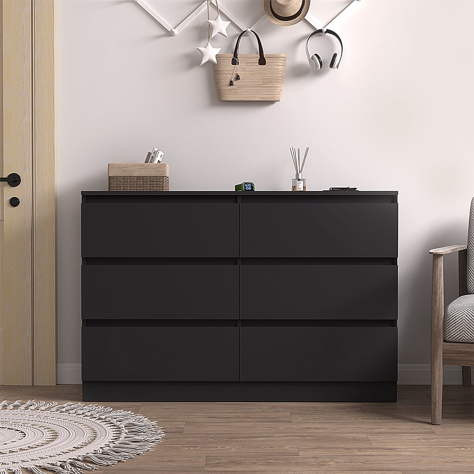 Hommpa Black 6 Drawers Dresser for Bedroom, Chest of Drawers TV Stand Dresser for Closet, Wooden Modern Storage Cabinet for Women Living Room Furniture