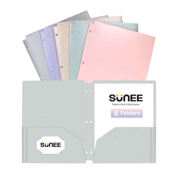 SUNEE 3 Hole Pocket Folders (6 Pack, Pastel Color ), Plastic Pocket Folders for 3 Ring Binder, 3-Hole Punched Folder with Pockets