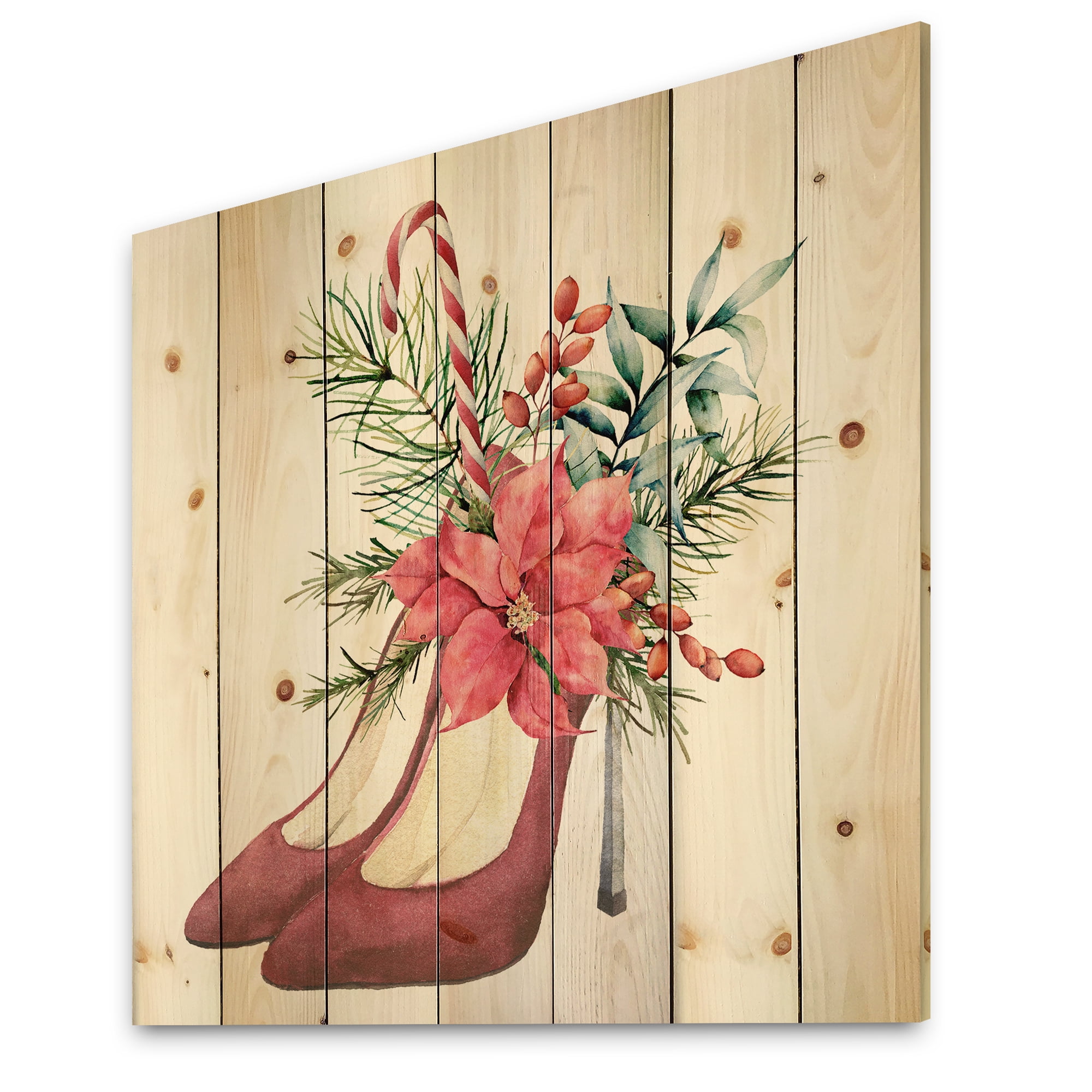 Designart 'Red Suede Heeled Shoes With Christmas Red Floral Decor' Traditional Print on Natural Pine Wood