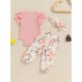 thumbnail image 4 of Bagilaanoe 3pcs Newborn Baby Girl Summer Outfits Pants Set Letter Short Sleeve Romper Tops + Floral Leggings + Headband 3M 6M 12M 18M Infant Casual Clothes, 4 of 7