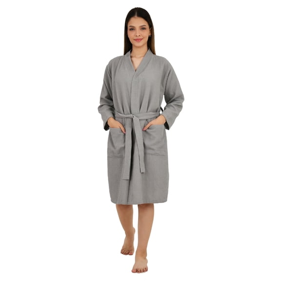 Feather Drape Women's Waffle 100% Cotton Bathrobe – Lightweight Spa Robe, Soft Breathable Loungewear, Kimono Style Belted Dressing Gown for Home, Hotel & Travel | Large | Grey