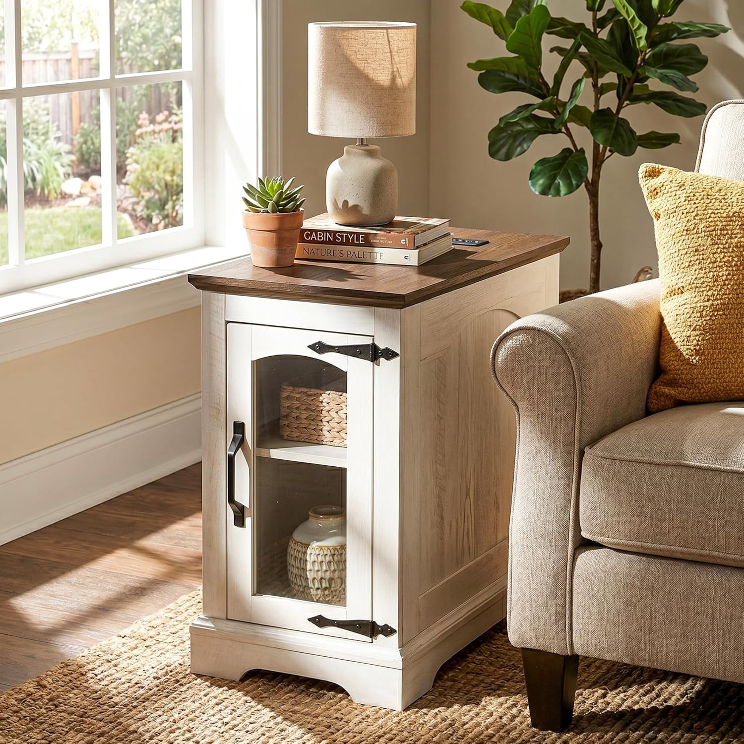 (4 pack) RTC GROUP Narrow Farmhouse End Table with Charging Station, Bedside Table with Storage Cabinet, 2 AC Outlets & 2 USB Ports, Side Table for Bedroom, Living Room, Couch or Sofa, White Oak