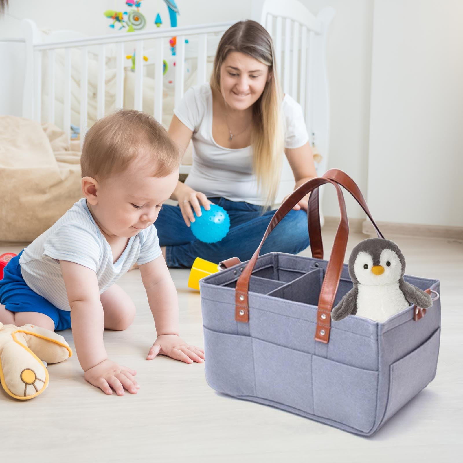 Foldable Nursing Organizer & Portable Diaper Caddy - Multifunctional Storage Bag for Car Travel, Breast Pump Storage,Baby Essentials with Removable Compartments Large Capacity Gray