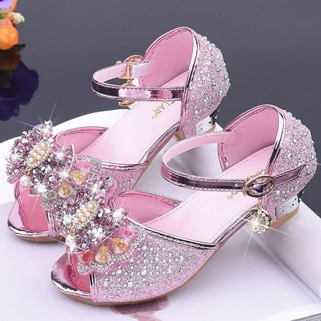 

Final Clear Out! Girls Glitter Sandals Crystal Bow Princess Shoes 3CM High Heels Party Wedding Sequin Pearl Shoes Open Toe for Kids Toddler 2-13Y