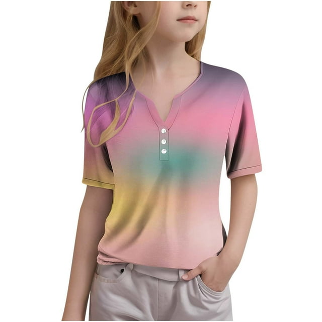 JINMIC Girls Gradient Summer Button Tops Casual Short Sleeve V Neck Shirts Business Dressy Work Blouses