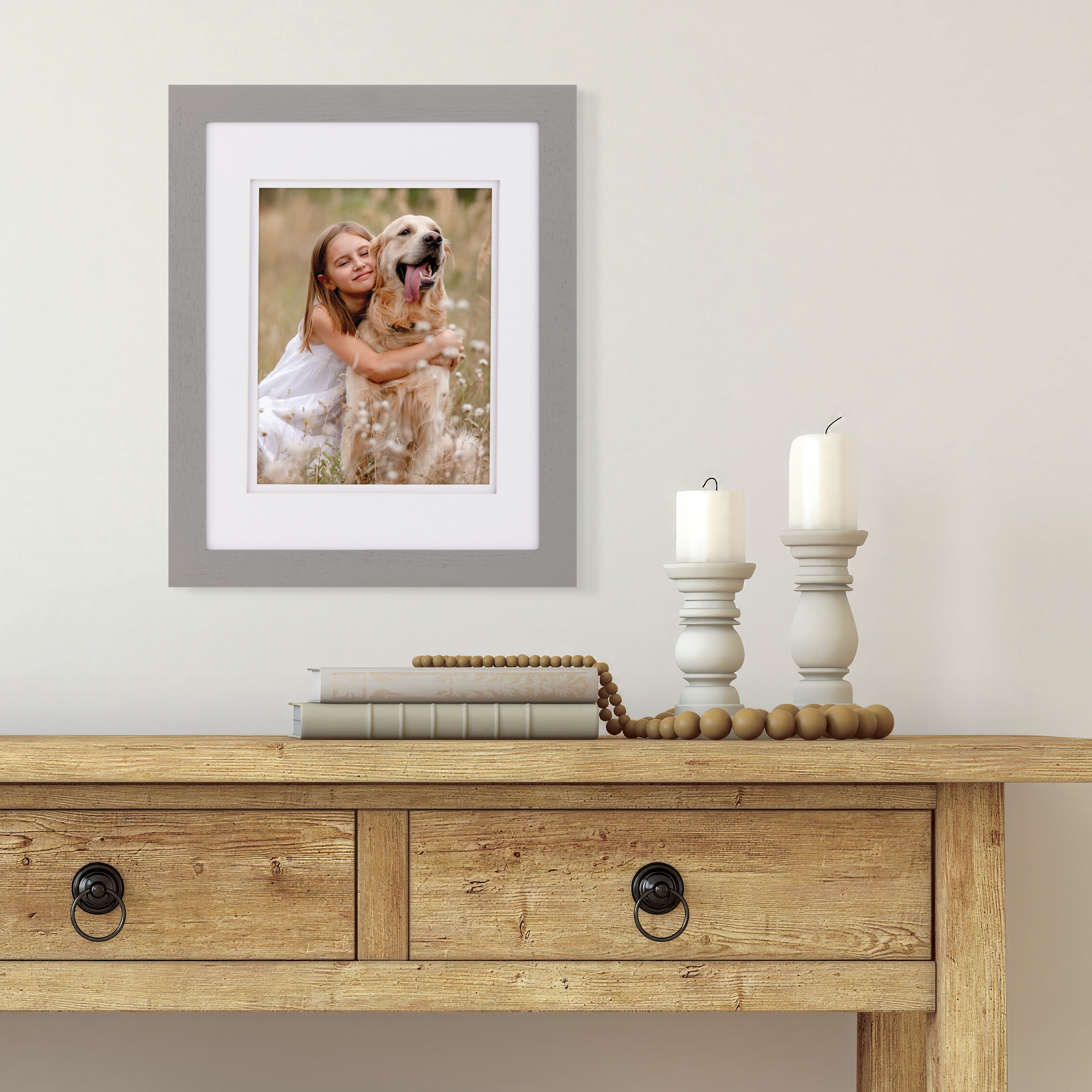 Gallery Solutions Flat Grey Picture Frame Double White Mat Airfloat Wall Display 11" x 14" for 8" x 10" Photos 1-pack