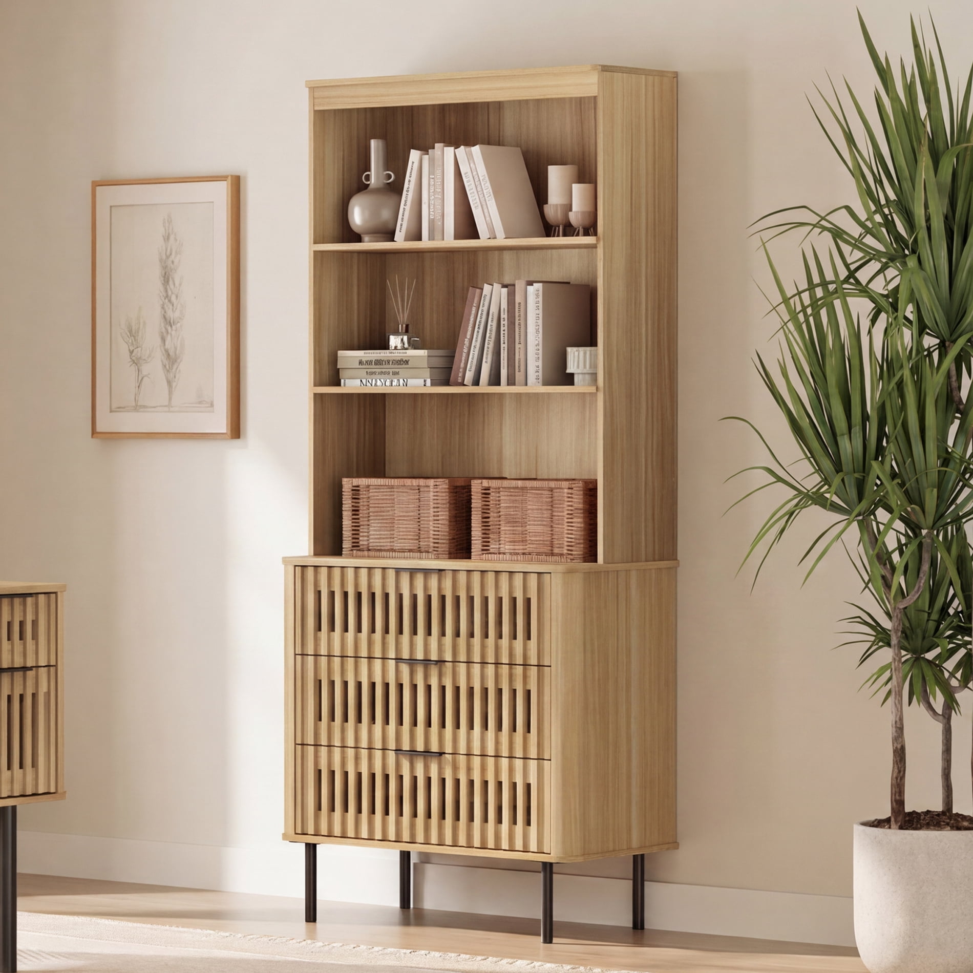 72.8" Tall Kitchen Pantry Storage Cabinet with Large Drawers, Modern Fluted Kitchen Cabinet, Adjustable Shelf, Cable Management, 3 Tier Freestanding Cupboard for Dinning Room, Oak