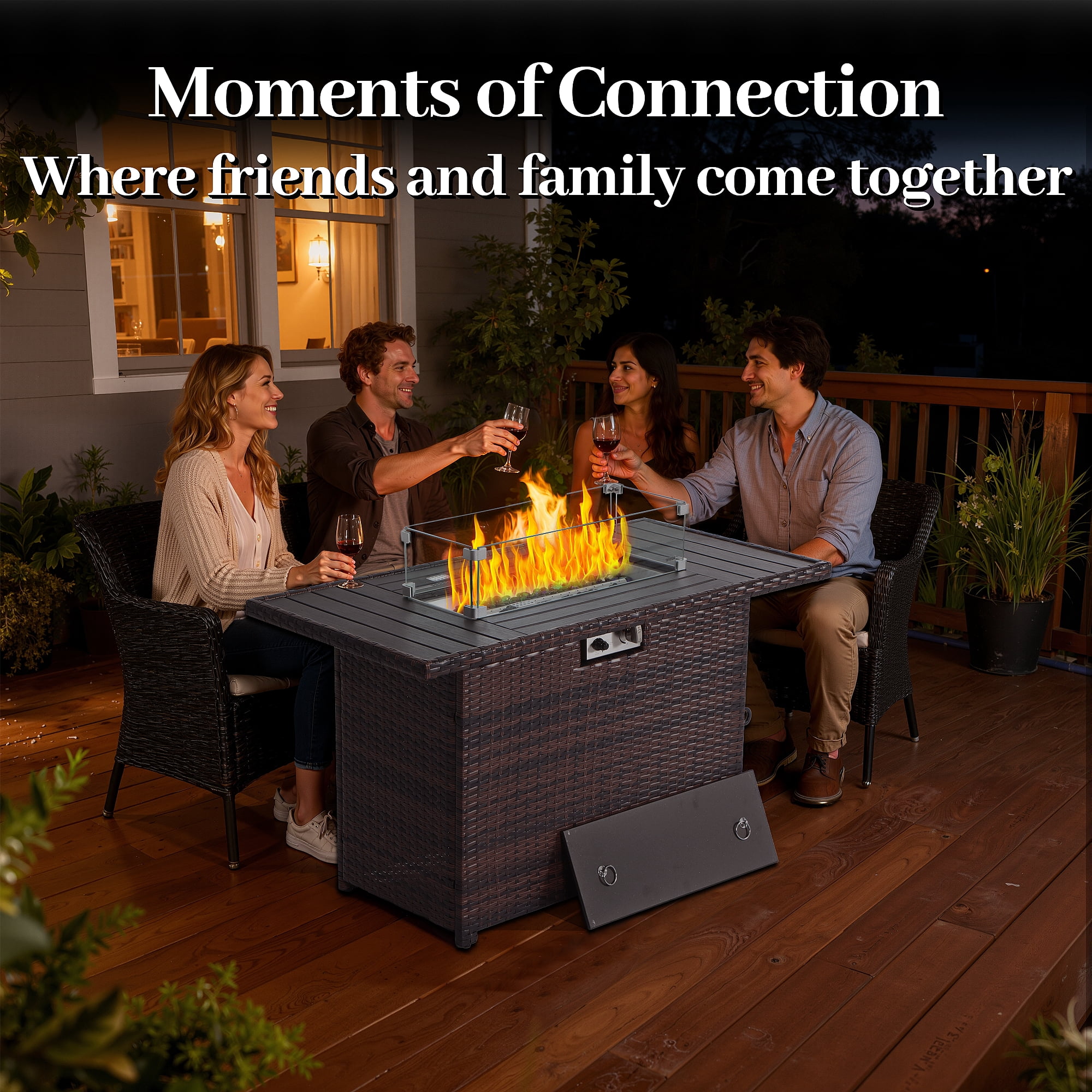 AstrPthylx 44-Inch Propane Fire Pit Table, Steel Gas Fire Feature with Iron Lid, Glass Rock, Rain Cover & Wind Guard for Patio, Backyard, Deck-Brown