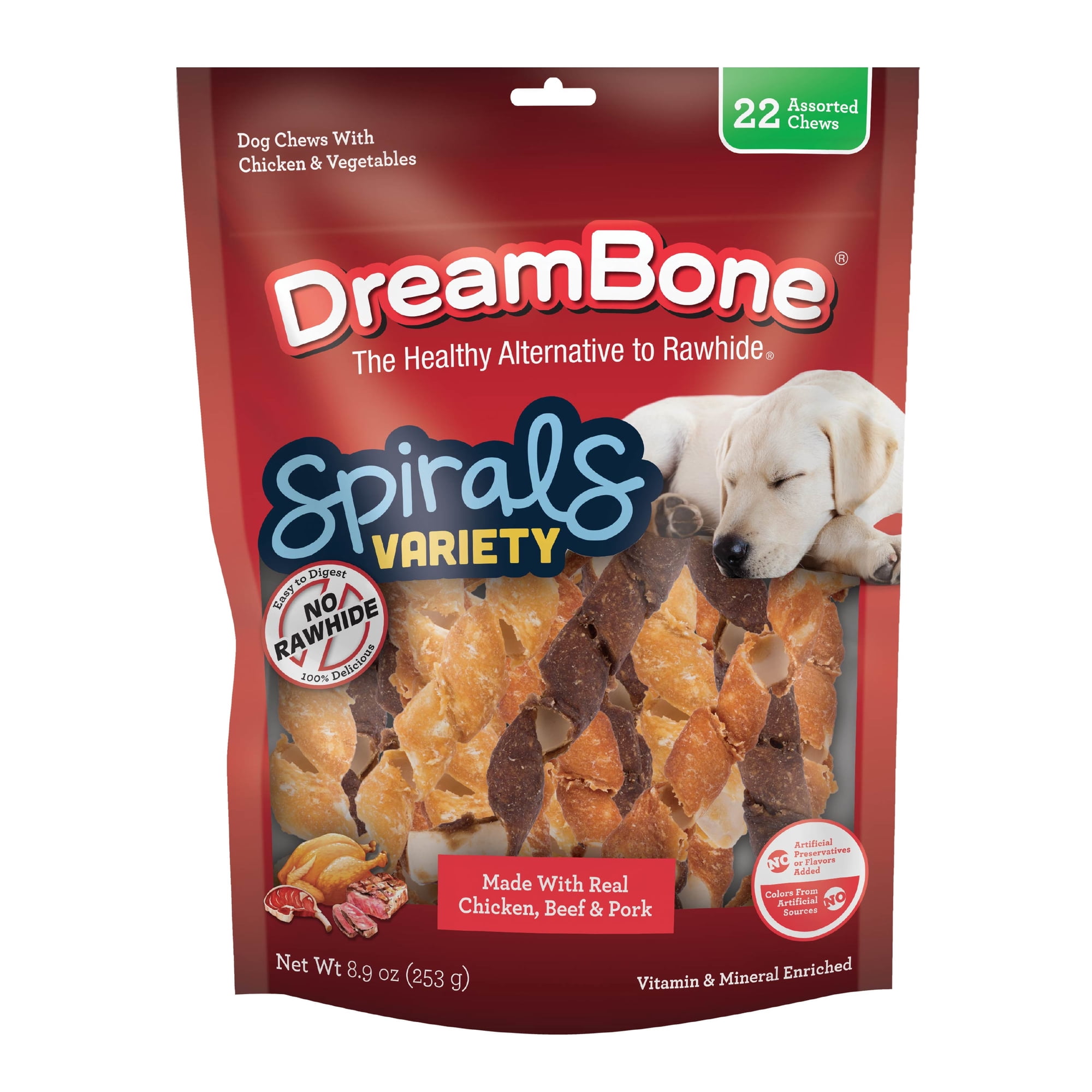 DreamBone Spirals Variety Pack Chicken, Beef or Pork, Rawhide-Free Chews for Dogs, 22 Count