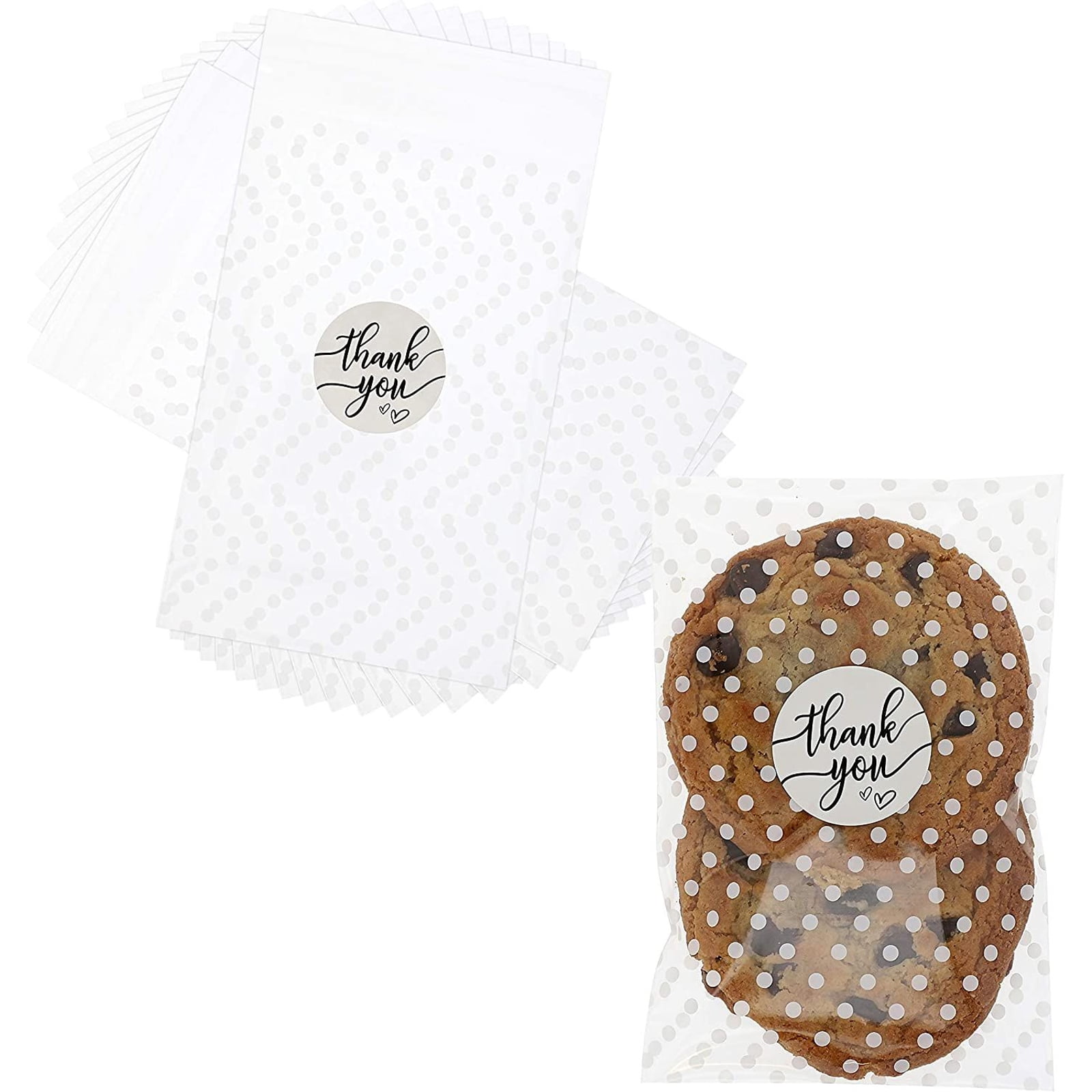 250 Pack Clear Cellophane Cookie Gift Bags, Polka Dot Plastic Treat Bag for Wedding Party Favors with Thank You Stickers, 4x6 in