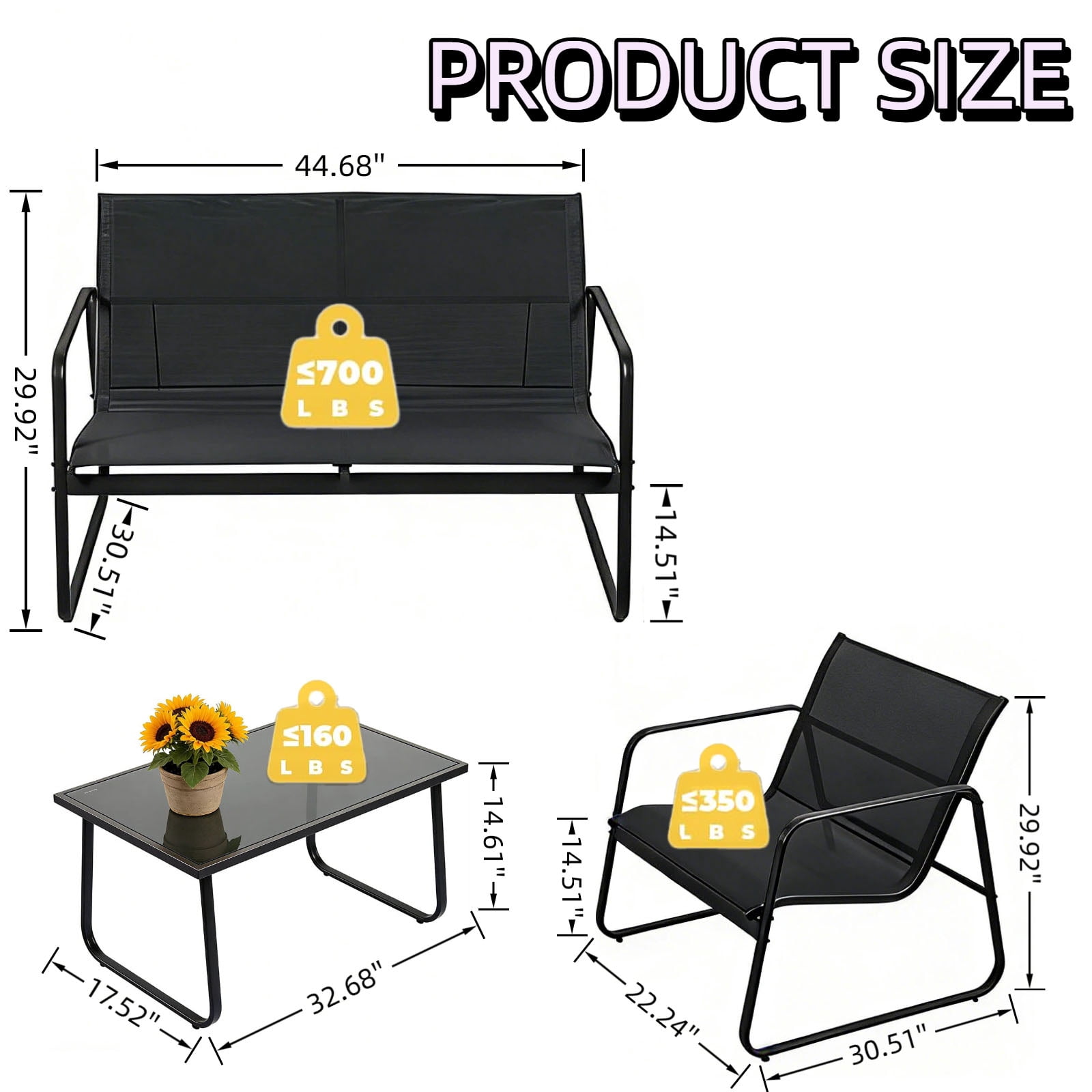 Casabay 4-Piece Outdoor Courtyard Furniture Set with Patio Chairs & Coffee Table, All Weather Outdoor Seating Breathable Fabric for Yard, Pool, Lawn, Black