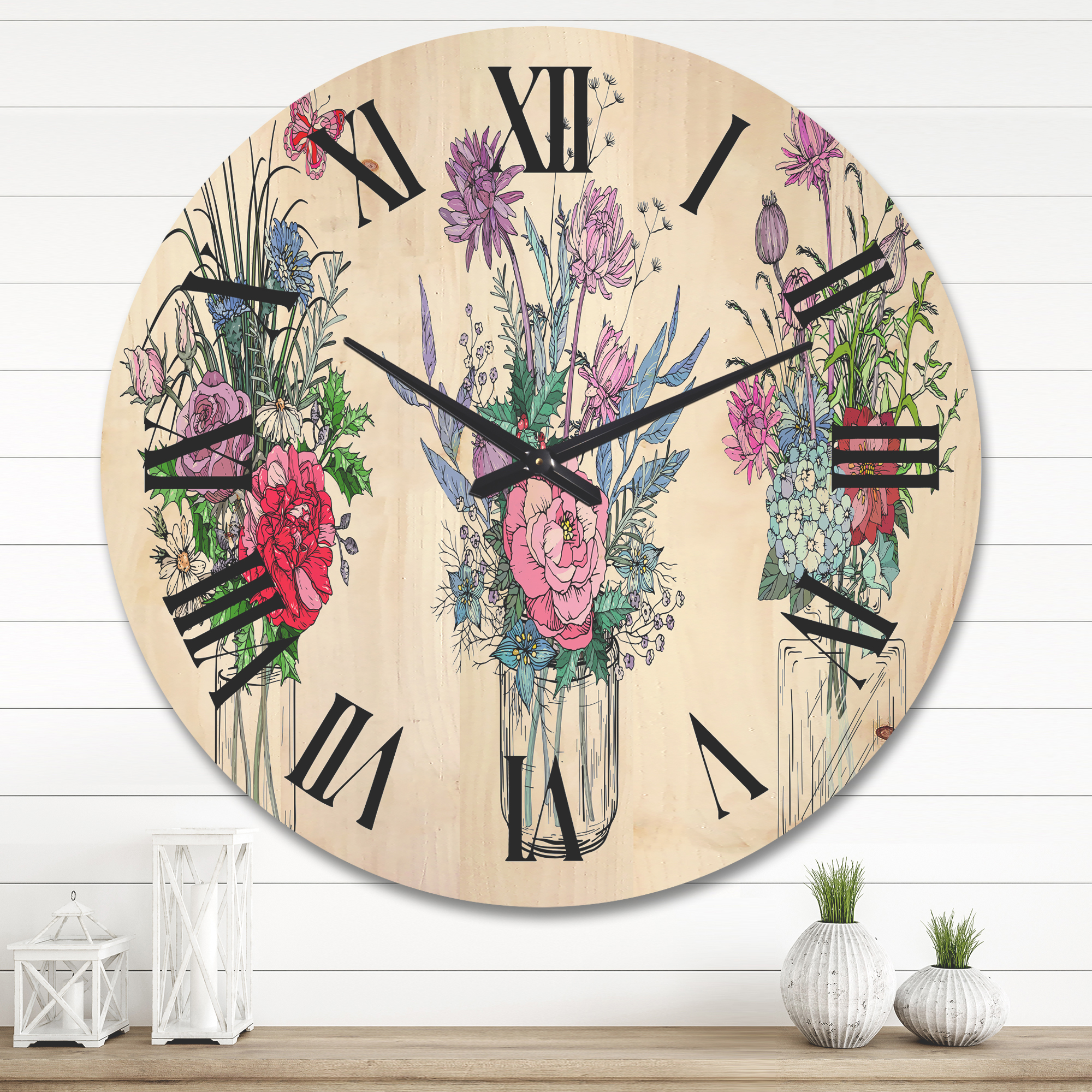 Designart 'Transparent Vases With Bouquets of Wildflowers I' Farmhouse Wood Wall Clock