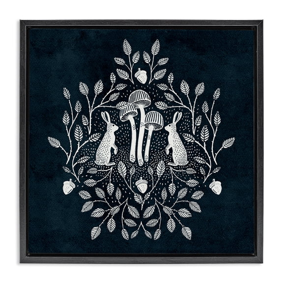 Stupell Industries Rabbits & Leaves on Blue Plants & Flowers Painting Black Floater Framed Canvas Art Print Wall Art, 18 x 18