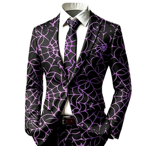 LTTVQM Mens Light Single Button Lapel Suit Jacket Halloween Spider Web Full Print Holiday Party Blazer (Excluding tie and pocket decoration) Purple XL