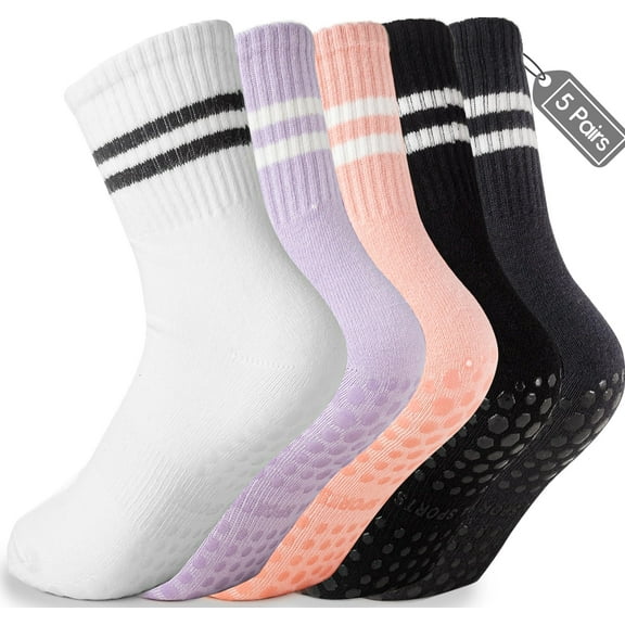 Tall Pilates Socks with Grips for Women, Yoga Crew Non-Slip, Grippy Ankle Barre Sock, Hospital Sticky Socks 5 Pairs