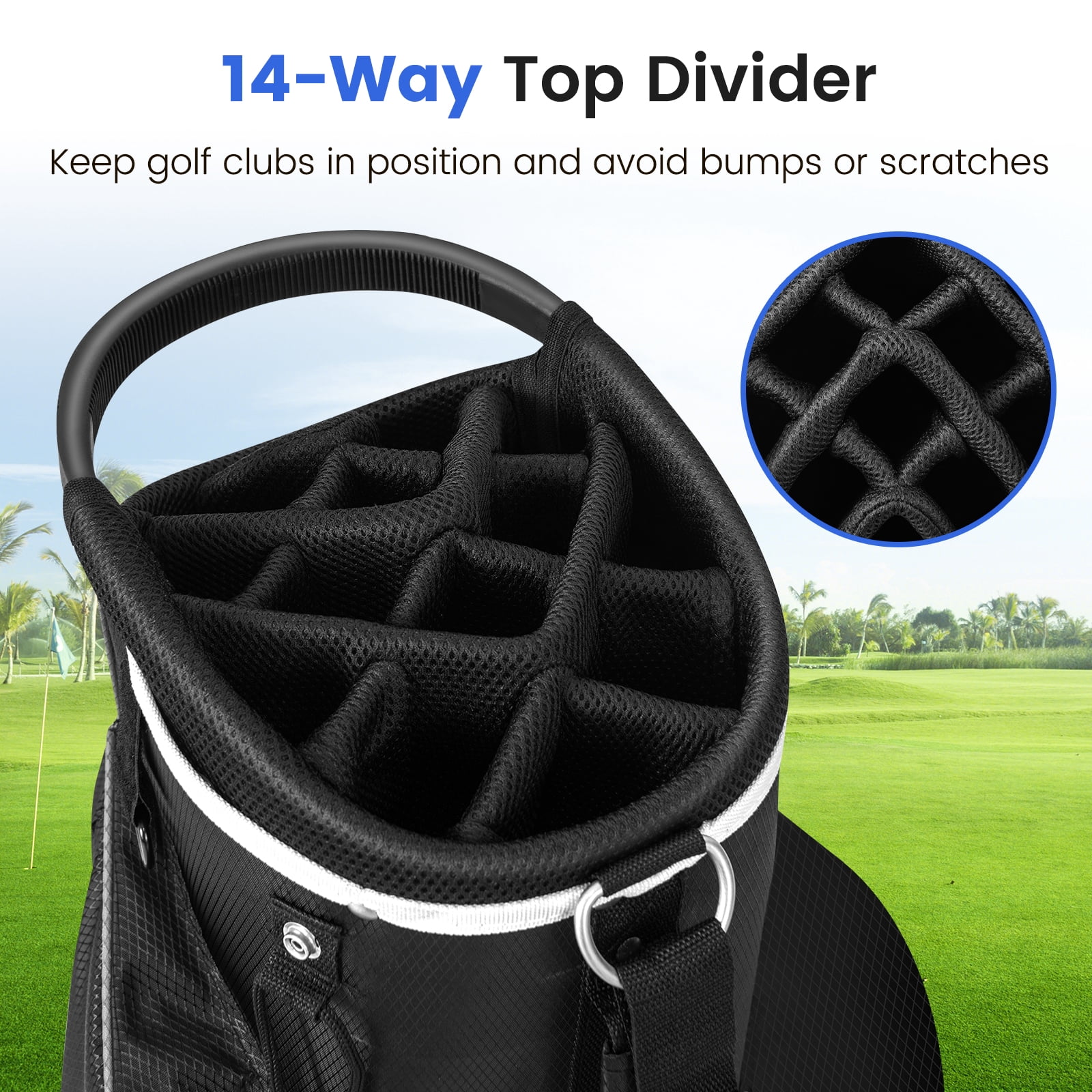 Topbuy 14-Way Golf Cart Bag Golf Club Bag with 14 Ways Organizer Divider Top 9 Zippered Pockets Cooler Bag Umbrella Holder Grey