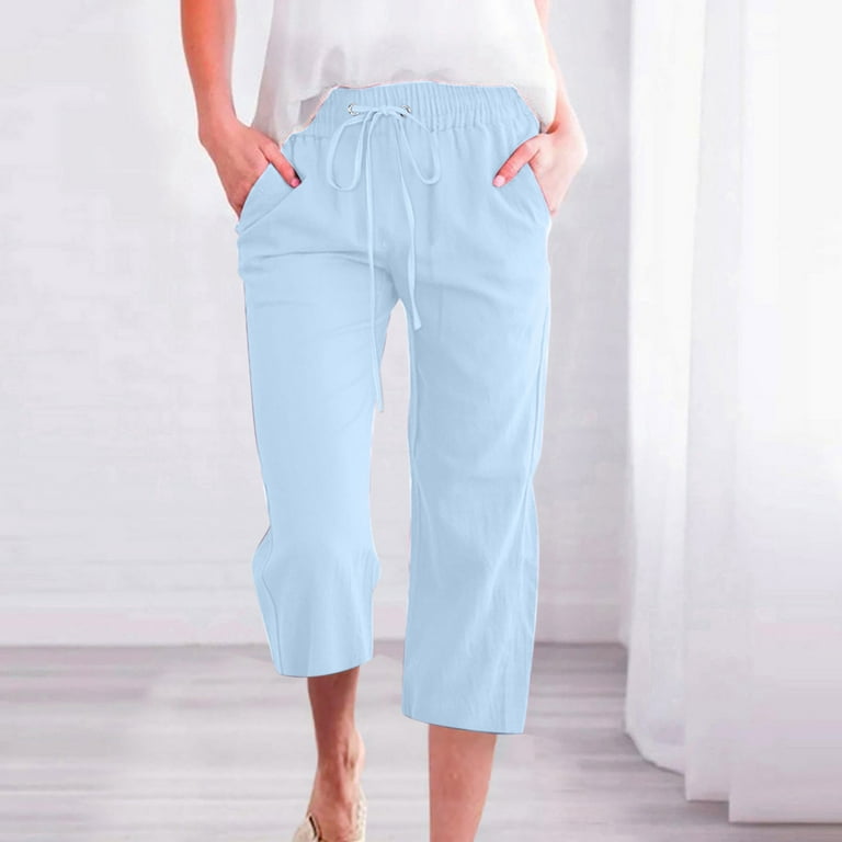 Womens Casual Cotton Linen Pants Summer Capris 2024 Drawstring Elastic  Wasit Cropped Leg Pants Plus Size Wide Leg Lounge Pants(XXXXXL,Light Blue)