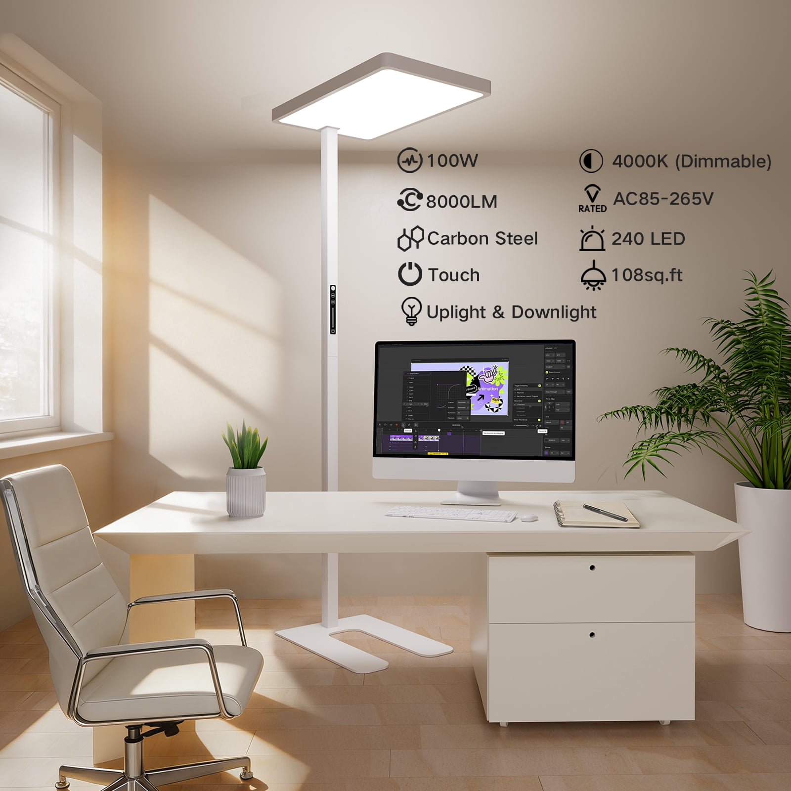 8000LM LED Floor Lamp, 100W Eye-Caring Reading Standing Light, 4000K Dimmable Natural Daylight Modern Tall Reading Lamp for Home Office, Study Room, Living Room, Bedroom, Touch Control